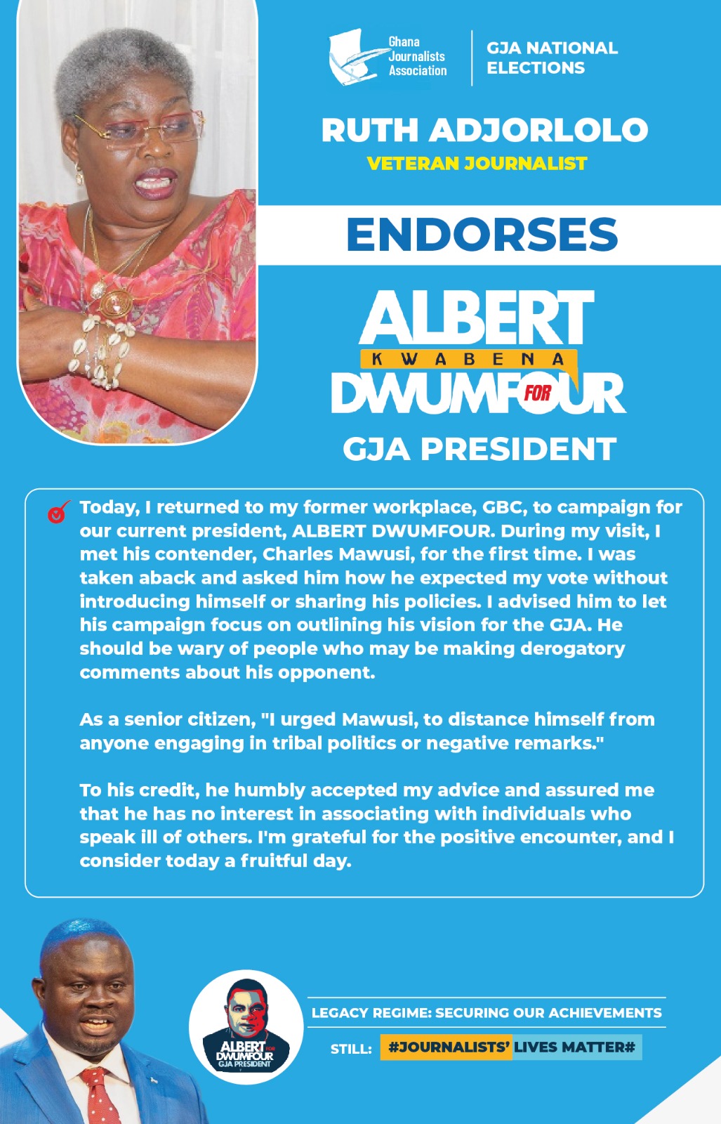 Veteran Journalist Ruth Adjorlolo Endorses Dwumfour as Ethnic Politics Sparks Outrage Ahead of GJA Elections